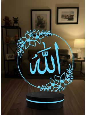 Eymi Design Allah ve Vav Temalı 3D Dekoratif LED Gece Lambası - Çiçekli Modern Hat Sanatı - Islami Hediye