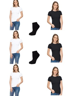 Elit 6'lı Paket Bisiklet Yaka Elastan Kısa Kollu Atlet/badi 2 Çift Bambu Patik Çorap Hediyeli-Siyah-Beyaz-Xl