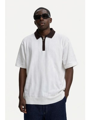 Damga Erkek Çizgili Relax Fit Beyaz Polo Yaka Tişört