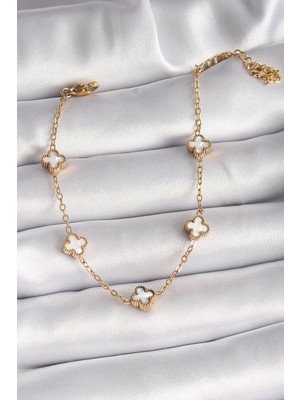 Pazarcan Çelik Gold Renk Beyaz Baby Boy Yonca Model Kadın Bileklik