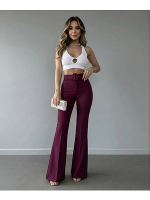 Jack Caprio Kadın Ithal Doubleface Kumaş Pantolon Ispanyol Paça Kemer Detaylı Kumaş Pantolon