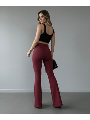 Jack Caprio Kadın Ithal Doubleface Kumaş Pantolon Ispanyol Paça Kemer Detaylı Kumaş Pantolon