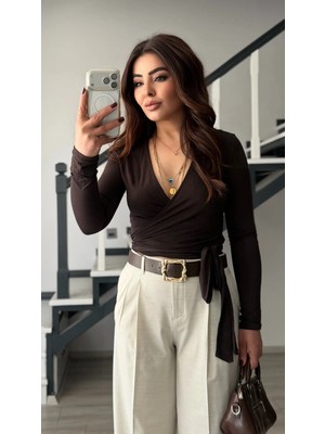 Elisin Acı Kahve Kruvaze Bağlamalı Bluz