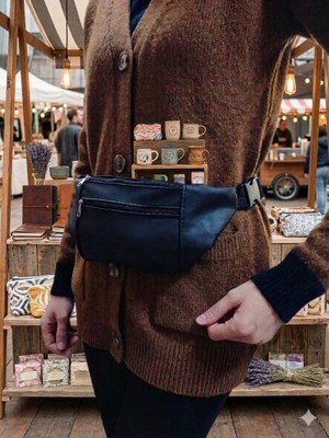 abnturk Günlük Kullanım Için Üç Bölmeli Şık Siyah Suni Deri Bel Çantası Ünisex