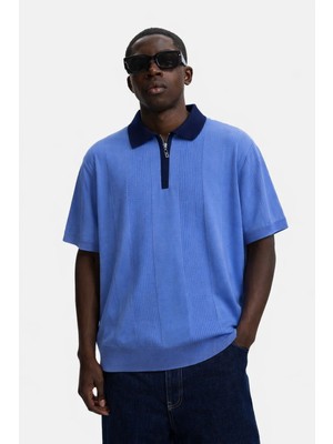 Damga Erkek Çizgili Relax Fit Mavi Polo Yaka Tişört