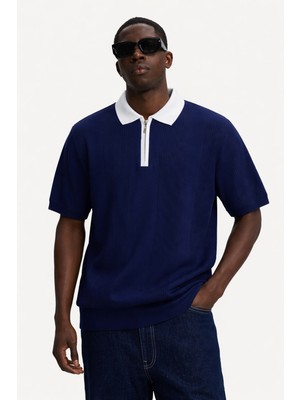 Damga Erkek Çizgili Relax Fit Lacivert Polo Yaka Tişört