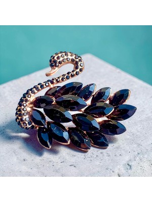 Rachel Silver Kristal Siyah Taşlı Rose Renk Kuğu Broş