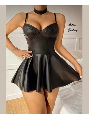 Intive Lingerie Intive Fantasy Deri Kumaştan Boyun Aksesuarlı Volan Etekli Feminen Gotik Gecelik