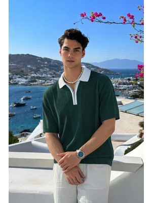 Damga Erkek Comfort Fit Çizgili Triko Yeşil Polo Yaka Tişört