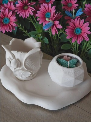 Doğal Geometrik Tasarım 3’lü Dekoratif Obje Seti – El Yapımı Beton Tepsi Kokulu Mumluk ve Saksı