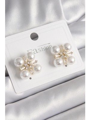 Pazarcan Pirinç Gold Renk Zirkon Taşlı Incili Kadın Küpe