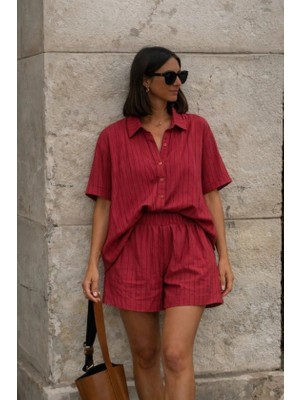 Kadın Kısa Kollu Çizgili Modal Kumaş Gömlek ve Yüksek Bel Lastik Detay Şort Ikili Takım