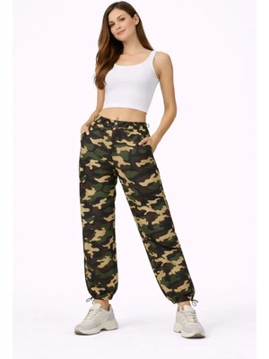 Kadın Paraşüt Kumaş Pantolon Bel ve Paça Ayarlanabilir Lastikli Spor Pantolon - Kamuflaj