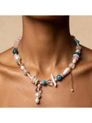 THEIA GemWorks Luxara - Pembe Kuvars, Apatit, Mayorka İnci, Kristal Kuvars, Akik & Barok İnci Kolye