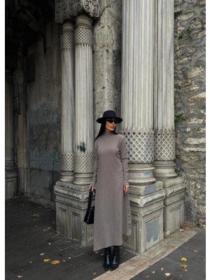 Colezium Boğazlı Kalın Bürümcük Uzun Elbise Vizon