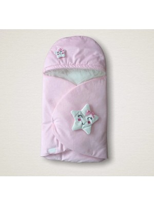 DMR Elegance Yenidoğan Çift Yıldız Detaylı Şapkalı Duvaklı Kız Bebek Klasik Kundak Bebek Battaniyesi Pembe