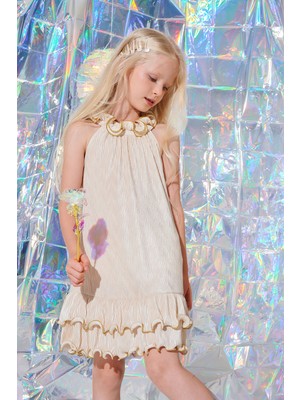 SheShe Krem Işıltı Piliseli Elbise