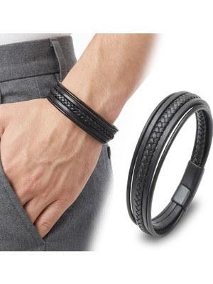 Fm 💎 Premium Siyah Tüp Örgü ve Çoklu Deri Bileklik - Zamak Kilitli  31833B2D2Z