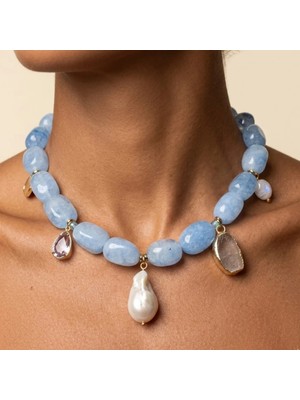 THEIA GemWorks Phoebe - Mavi Kuvars, Zultanit, Akik, Morganit & Barok İnci Kolye