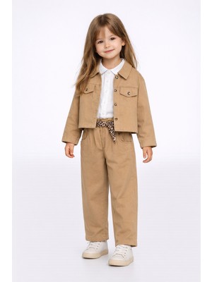 Harika Kids Kız Çocuk Gabardin Ceketli Takım – Düğmeli Dokuma Gömlekli, Beli Lastikli Kemerli Pantolon 2-5 Yaş