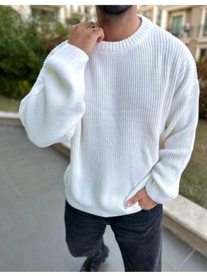 Elku Moda Kazak Oversize Çift Kat Örme Naturel Pamuk Bisiklet Yaka Bol Kesim Tüylenmeyen Salaş Örme Triko