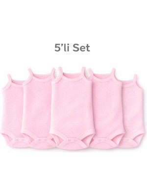 Novibaby 5'li Jakarlı Ip Askılı Bebek Body Zıbın Çıtçıtlı 100% Pamuk - Pembe