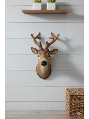 Tual Hobi Sanat Dekoratif Duvar Geyik Kafası Biblo Obje El Boyaması Ev ve Ofis Dekorasyon Ürünü 30X17CM