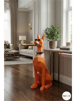 Tual Hobi Sanat Tepsili Lüks Köpek Heykeli 75X42CM Doberman Sunumluk, Şaraplık, Karşılama ve Lüks Biblo Obje