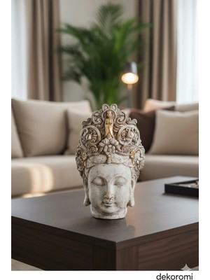 Tual Hobi Sanat Dekoratif Dev Buda Kafası Heykeli (45X29CM) Lüks Ev Dekorasyon Biblo Ürünü Altın Detaylı