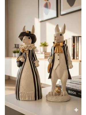 Tual Hobi Sanat Dekoratif Çift Tavşan Heykeli Polyester El Boyaması Biblo 2 Adet (35X13CM) Ev ve Ofis Dekorasyon