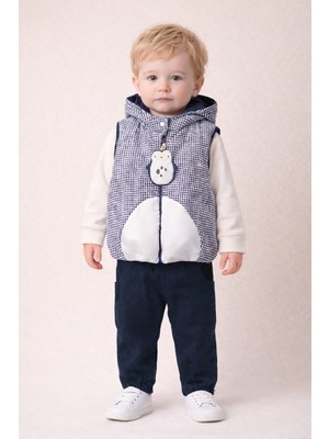 Harika Kids Erkek Bebek 3’lü Takım 9-24 Ay Şişme Yelek %100 Pamuk Sweatshirt Gabardin Pantolon