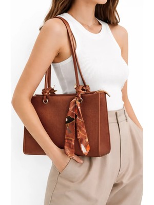 ZOE3tr Kadın Taba Renk Fular Detaylı Omuz Çantası Günlük Şık Tasarım