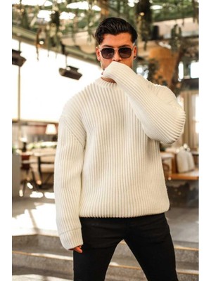 Elku Moda Tüylenmez Oversize Salaş Triko Kazak  Şık Konforlu ve Dökümlü Bisiklet Yaka Fitilli Model Kazak