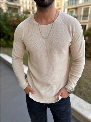 Elku Moda Kazak Oversize Örme Natural Pamuk Tüylenmeyen Kazak Salaş Tarz Triko Sweatshirt Dökümlü Model