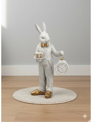 Tual Hobi Sanat Dekoratif Duvar Saatli Tavşan Heykeli Lüks Dekorasyon Biblo (37X22CM)