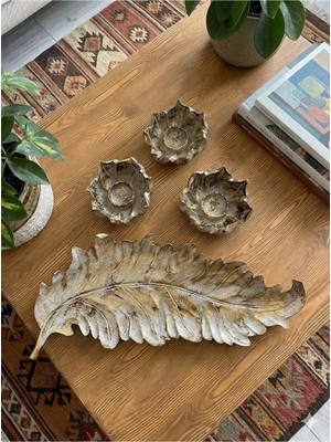 Tual Hobi Sanat Yaprak Içinde 3'lü Lotus Mumluk 42X18CM - Vizon Renk Dekoratif Salon Objesi