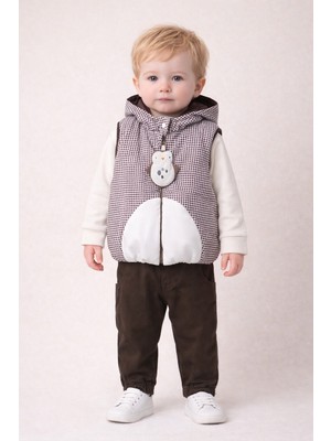 Harika Kids Erkek Bebek 3’lü Takım 9-24 Ay Şişme Yelek %100 Pamuk Sweatshirt Gabardin Pantolon