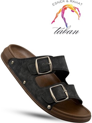 Sermoda Erkek Terlik - Çift Toka Ayarlanabilir Esnek Taban Deri Erkek Terlik T Siyah