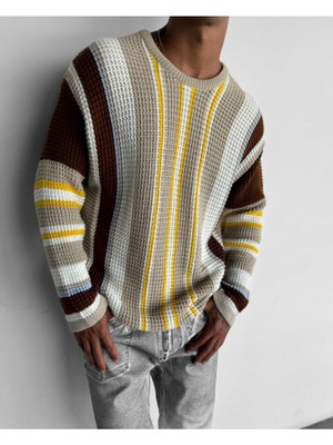 Elku Moda Oversize Renkli Örgü Desenli Naturel Pamuk Kazak Bol Kesim Salaş Şık ve Konforlu Triko Kazak