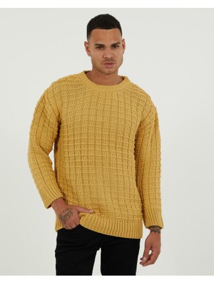 Elku Moda Oversize Kare Örgü Desenli Naturel Pamuk Kazak Bol Kesim Bisiklet Yaka Tüylenmeyen Salaş Kazak Triko