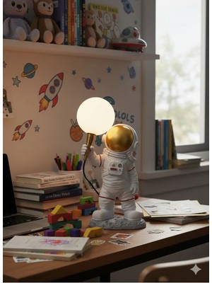 Tual Hobi Sanat Dekoratif Lambalı Astronot Heykeli Genç ve Çocuk Odası Dekorasyon (34X19CM)