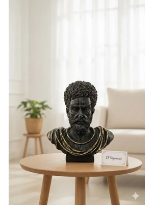 Tual Hobi Sanat Marcus Heykeli Mat Siyah ve Altın Varak Süslemeli Dekoratif Erkek Adam Obje (31X29CM)