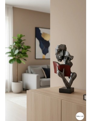 Tual Hobi Sanat Dekoratif Kitap Okuyan Sevgili Çift Heykeli (37X20CM) Sevgililer Günü Aşk Hediyelik Ürün