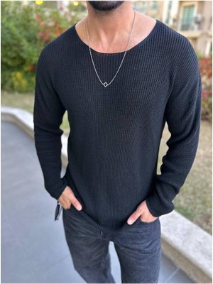 Elku Moda Kazak Oversize Örme Natural Pamuk Bisiklet Yaka Tüylenmeyen Kazak Salaş Tarz Triko Sweatshirt