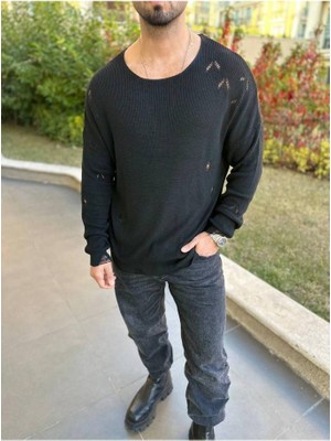 Elku Moda Kazak Naturel Örme Pamuk Bisiklet Yaka Tüylenmeyen Yırtık Detaylı Lazer Kesim Triko Kazak