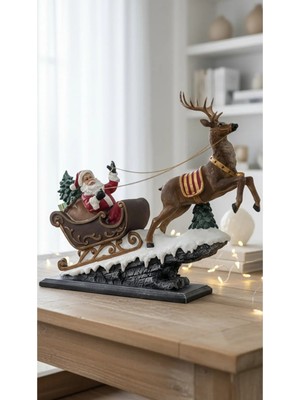 Tual Hobi Sanat Dekoratif Noel Baba Heykeli Kızaklı Geyik Obje Biblo (54X50CM)