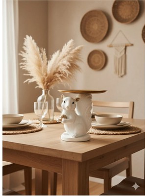 Tual Hobi Sanat Dekoratif Lüks Sunumluk Tepsili Sincap Biblo (El Boyaması 20X17CM) Beyaz ve Altın Renk