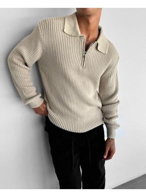 Elku Moda Oversize Tüylenmez Naturel Pamuk Fermuarlı Polo Yaka Triko Kazak Şık ve Konforlu Polo Yaka Tasarım