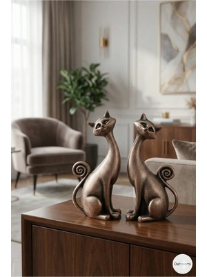 Tual Hobi Sanat 2'li Kedi Biblo Seti (21X10CM) Ev ve Ofis Dekorasyon Sevimli Kedi Obje Dekor