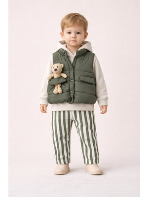 Harika Kids Erkek Bebek 3’lü Takım 9-24 Ay Şişme Yelek %100 Pamuk Sweatshirt Gabardin Pantolon